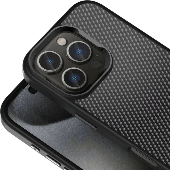 Apple iPhone 16 Pro Kılıf Karbon Fiber Görünümlü Parlak Kamera Çerçeveli Zore Venus Kapak - Resim 4