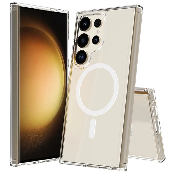 Galaxy S25 Ultra Kılıf M-safe Şarj Özellikli Şeffaf Sert PC Zore Embos Kapak