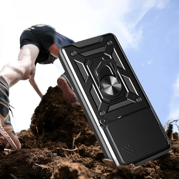 Xiaomi Redmi Note 14 4G Kılıf Magnetik Standlı Kamera Korumalı Zore Sürgülü Vega Kapak - 3