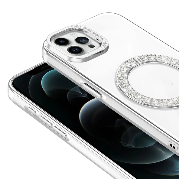 Apple iPhone 12 Pro Kılıf Pırlanta Taş Tasarımlı M-safe Şarj Özellikli Zore Karetta Silikon Kapak - 9