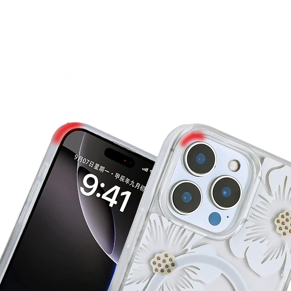 Apple iPhone 15 Pro Max Kılıf Sıvılı Simli Baskılı Şeffaf Arka Yüzey Zore Mossa Silikon Kapak - 9
