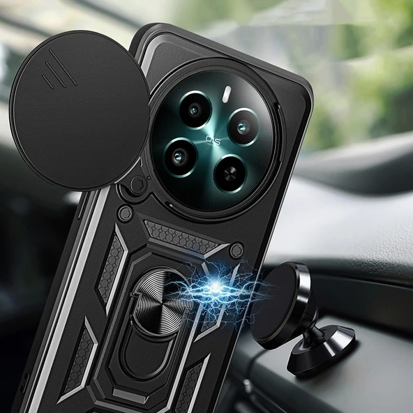 Realme 12 Plus Kılıf Magnetik Standlı Kamera Korumalı Zore Sürgülü Vega Kapak - 4