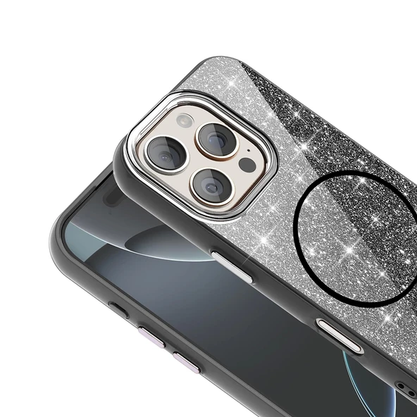 Apple iPhone 16 Pro Kılıf M-safe Şarj Özellikli Parlayan Simli Zore Okso Kapak - Resim 6