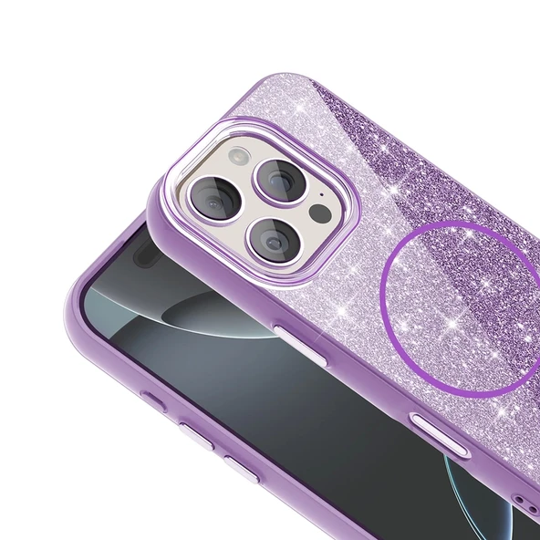 Apple iPhone 16 Pro Kılıf M-safe Şarj Özellikli Parlayan Simli Zore Okso Kapak - Resim 3