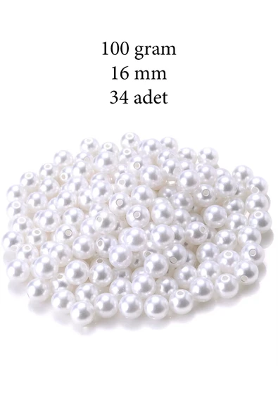 100 gram 16mm Beyaz Renk Plastik İnci Boncuk Çanta ve Takı Yapım Boncuğu (~34 adet)