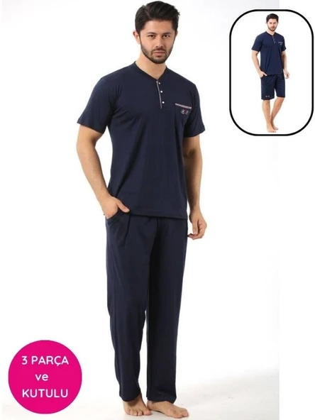 Erkek 3 Düğmeli Likralı Pamuk Kısa Kol Cepli Şortlu 3lü Pijama Takımı-3 Parça Kutulu Çeyizlik Set - 8