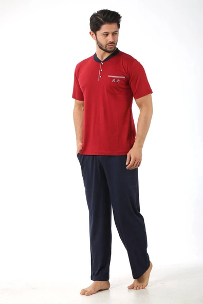 Erkek 3 Düğmeli Likralı Pamuk Kısa Kol Cepli Şortlu 3lü Pijama Takımı-3 Parça Kutulu Çeyizlik Set - 7