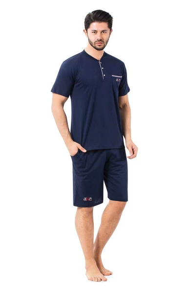 Erkek 3 Düğmeli Likralı Pamuk Kısa Kol Cepli Şortlu 3lü Pijama Takımı-3 Parça Kutulu Çeyizlik Set - 5