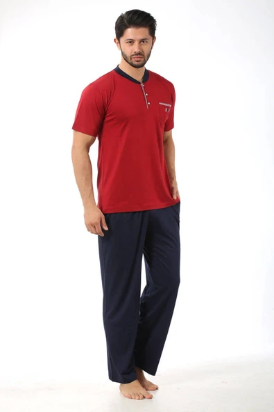 Erkek 3 Düğmeli Likralı Pamuk Kısa Kol Cepli Şortlu 3lü Pijama Takımı-3 Parça Kutulu Çeyizlik Set - 6