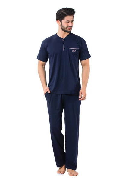 Erkek 3 Düğmeli Likralı Pamuk Kısa Kol Cepli Şortlu 3lü Pijama Takımı-3 Parça Kutulu Çeyizlik Set - 3