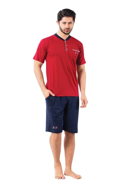 Erkek 3 Düğmeli Likralı Pamuk Kısa Kol Cepli Şortlu 3lü Pijama Takımı-3 Parça Kutulu Çeyizlik Set - 9