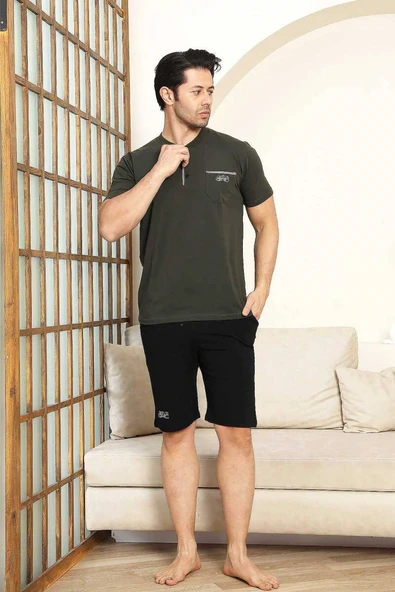 Erkek 3 Düğmeli Likralı Pamuk Kısa Kol Cepli Şortlu 3lü Pijama Takımı-3 Parça Kutulu Çeyizlik Set - 11