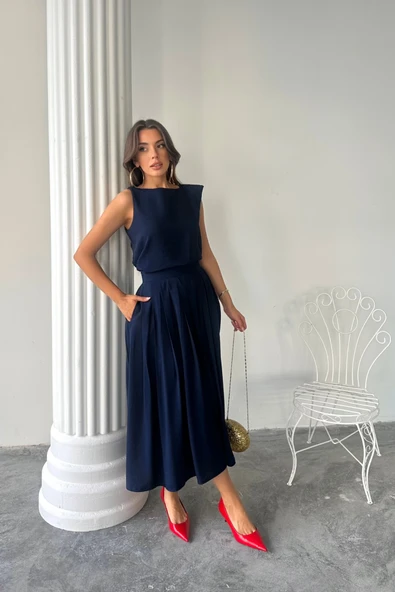 Lucky Life Kadın KETEN KOLSUZ BLUZ - MAXİ ETEK TAKIM - Lacivert - Resim 2