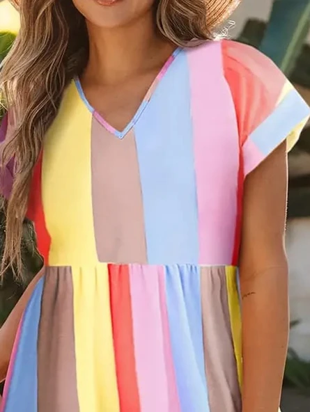 Lucky Life Kısa Kollu V Yakalı şerit Desenli Süprem Elbise ürün görseli 1