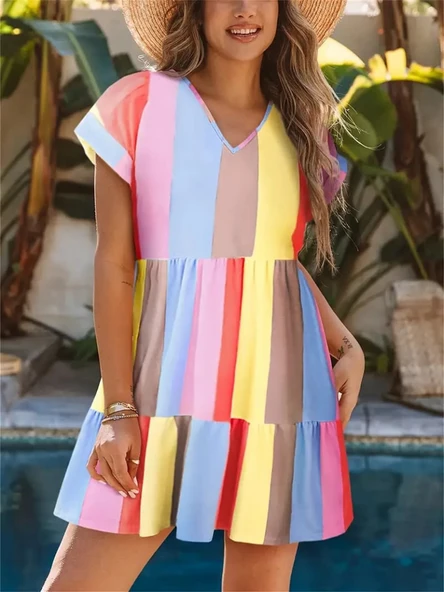 Lucky Life Kısa Kollu V Yakalı şerit Desenli Süprem Elbise - Resim 3