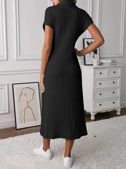 Lucky Life Kadın Kısa Kollu Yakalı Yandan Yırtmaçlı Kalın Fitilli Kaşkorse Elbise - Resim 3