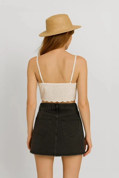 Yüksek Bel Püsküllü Mini Jean Etek - 9