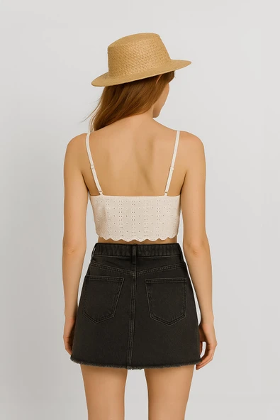 Yüksek Bel Püsküllü Mini Jean Etek - 2