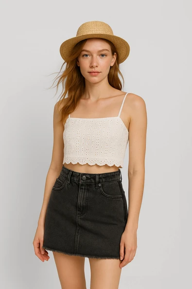 Yüksek Bel Püsküllü Mini Jean Etek