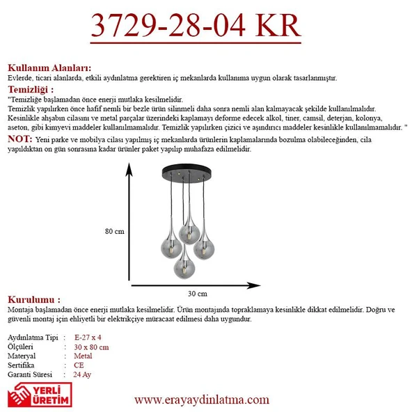 Eray Aydınlatma ERY 3729-28-04 4 lü Krom Sarkıt Avize - Resim 3