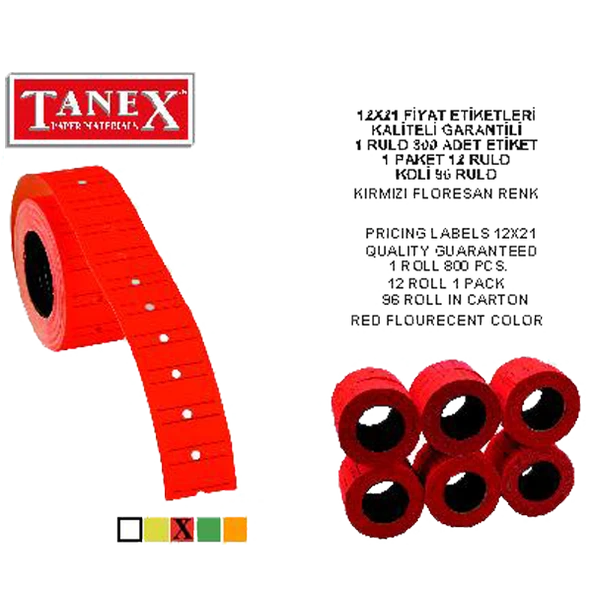 Tanex Fiyat Etiketi Çizgili 12x21 Fosforlu Kırmızı(6 rulo)