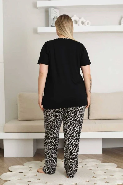 Kadın Desenli Bisiklet Yaka 3 Düğmeli Yırtmaç Detaylı Büyük Beden Viskon Kısa Kol Pijama Takımı - 7