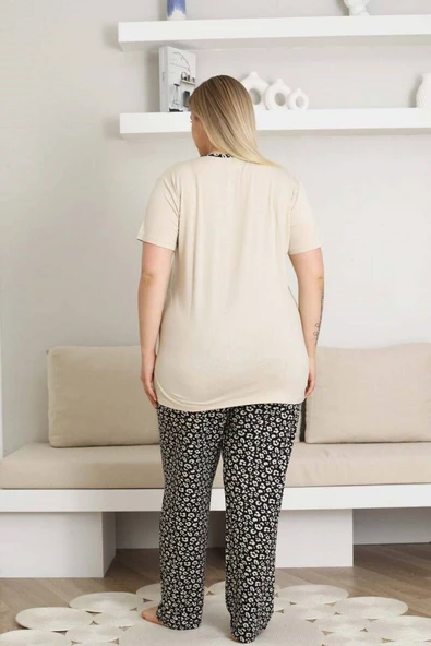 Kadın Desenli Bisiklet Yaka 3 Düğmeli Yırtmaç Detaylı Büyük Beden Viskon Kısa Kol Pijama Takımı - 2