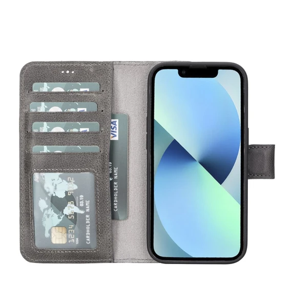 Apple iPhone 14 Pro Uyumlu Deri Cüzdanlı Kılıf MWWN Rustik Gri - 2