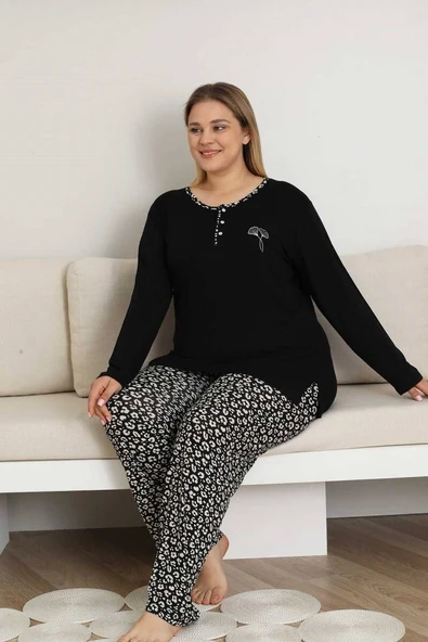 Kadın Desenli Bisiklet Yaka 3 Düğmeli Yırtmaç Detaylı Büyük Beden Viskon Uzun Kol Pijama Takımı - 7