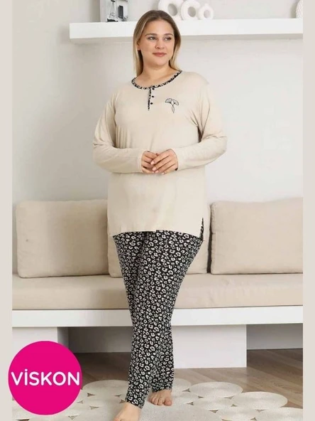 Kadın Desenli Bisiklet Yaka 3 Düğmeli Yırtmaç Detaylı Büyük Beden Viskon Uzun Kol Pijama Takımı - 5