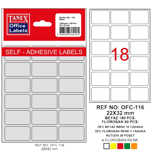 Tanex Ofis Etiketi Poşetli 22x32 MM Beyaz OFC-116 (10 lu paket)