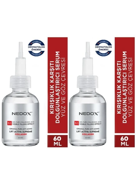 NEDOX 2 Adet Kırışıklık Karşıtı Dolgunlaştırıcı Botoks B3 Kolajen Serum 60 ml Ince Çizgi Sarkmalar