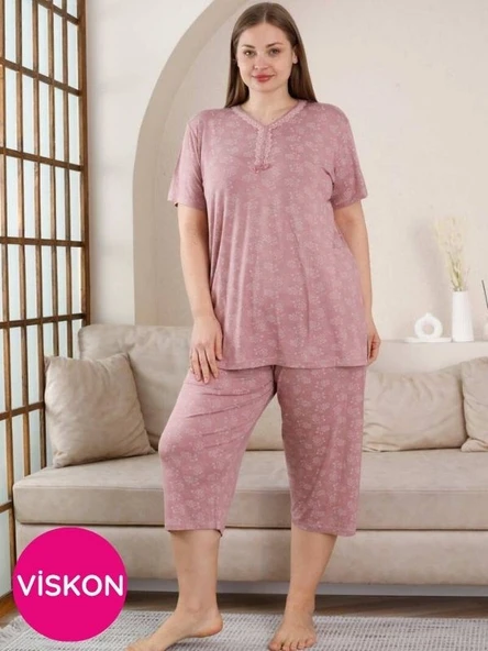 Kadın Gül Kurusu V Yaka Dantel Detay Viskon 3 Düğmeli Kısa Kol Yazlık Büyük Beden Kapri Pijama