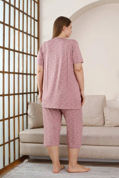 Kadın Gül Kurusu V Yaka Dantel Detay Viskon 3 Düğmeli Kısa Kol Yazlık Büyük Beden Kapri Pijama - 4