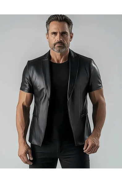 NYC GİYİM TEKSTİL Kısa Kollu Hakiki Deri Blazer Ceket Erkek SlimFit