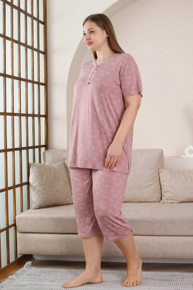 Kadın Gül Kurusu V Yaka Dantel Detay Viskon 3 Düğmeli Kısa Kol Yazlık Büyük Beden Kapri Pijama - 3