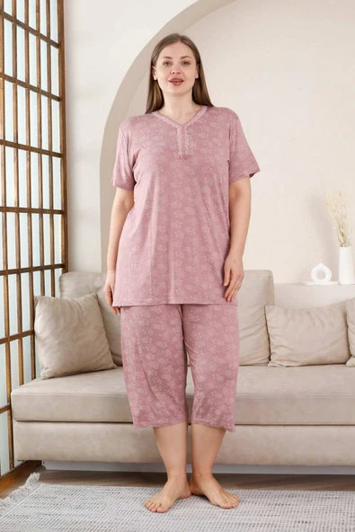 Kadın Gül Kurusu V Yaka Dantel Detay Viskon 3 Düğmeli Kısa Kol Yazlık Büyük Beden Kapri Pijama - 5
