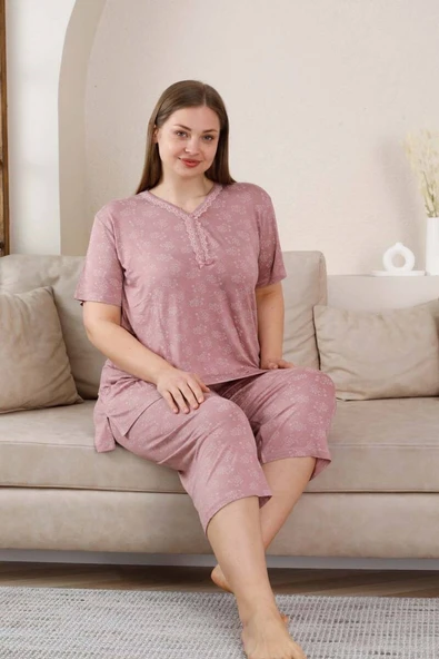 Kadın Gül Kurusu V Yaka Dantel Detay Viskon 3 Düğmeli Kısa Kol Yazlık Büyük Beden Kapri Pijama - 2