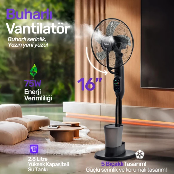 NPO N01 Buz Eklenebilir Ultrasonik Buharlı Zaman Ayarlı 3 Kademli Sessiz 75W Akıllı Vantilatör - 5