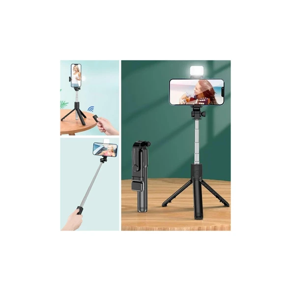 Kendiliğinden Işıklı Masaüstü Tripod Olabilen Telefon Tutuculu Kablosuz Kumandalı Selfie Çubuğu