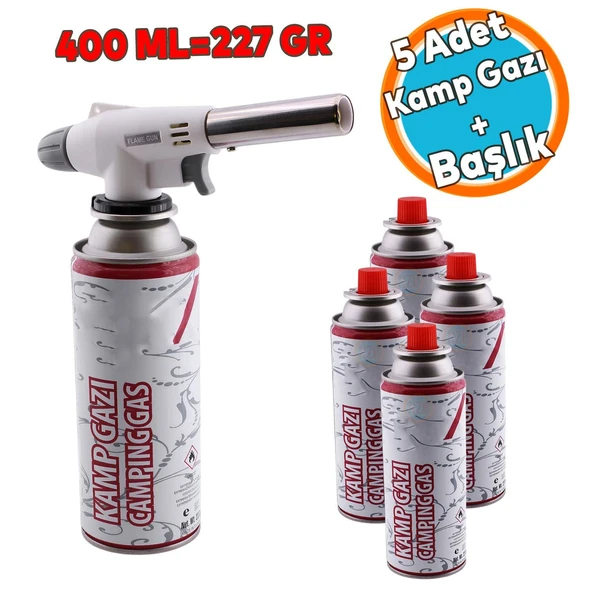Kamp Gazı Yedek Kartuşu Çakmaklı Pürmüz 227 Gram Piknik Kamp Mangal Mutfak Ateş Tutuşturucu 5'li Set