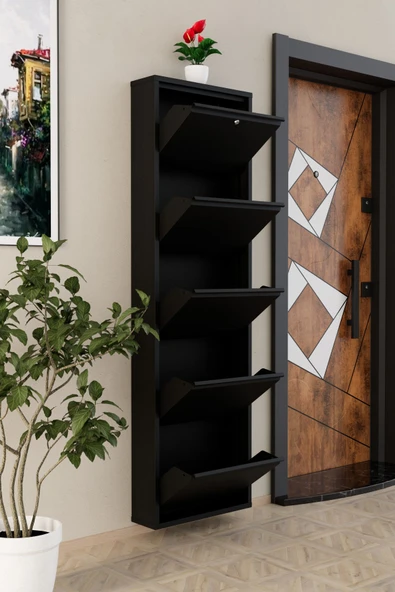 Evdemo Kilitli 5 Kapaklı Metal Ayakkabılık Siyah - 4