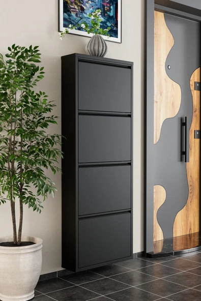 Evdemo 4 Kapaklı Metal Ayakkabılık Siyah