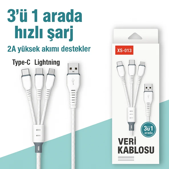 3’ü 1 Arada Hızlı Şarj Kablosu ve Data Kablosu Type-C Lightning  Micro USB - 3