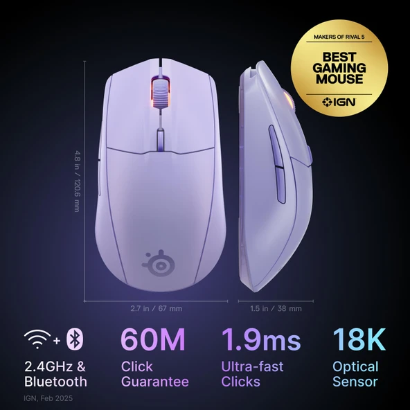 SteelSeries Rival 3 Wireless Gen 2 Gaming Mouse - 2.4GHz ve Bluetooth Bağlantı - Lila - 2