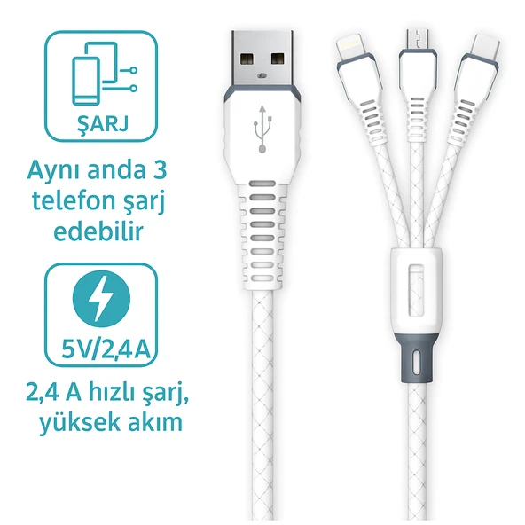 3’ü 1 Arada Hızlı Şarj Kablosu ve Data Kablosu Type-C Lightning  Micro USB