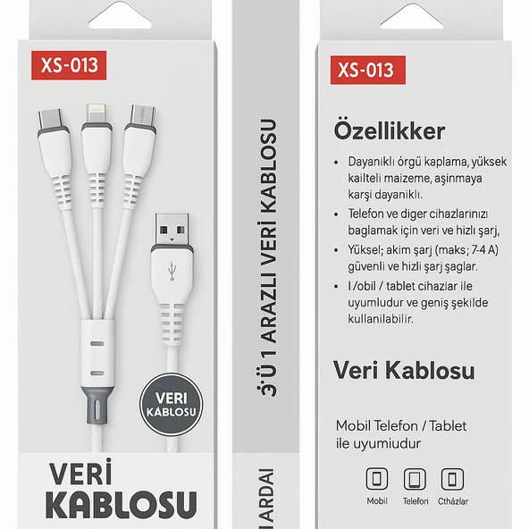 3’ü 1 Arada Hızlı Şarj Kablosu ve Data Kablosu Type-C Lightning  Micro USB - 2