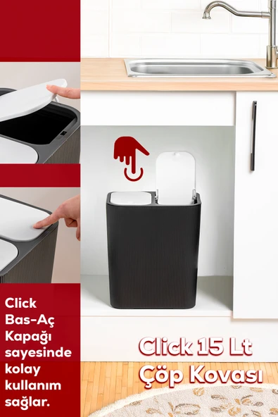 Perotti 13255 Click Kapak Siyah-Beyaz İki Bölmeli Modern Çöp Kovası 15LT