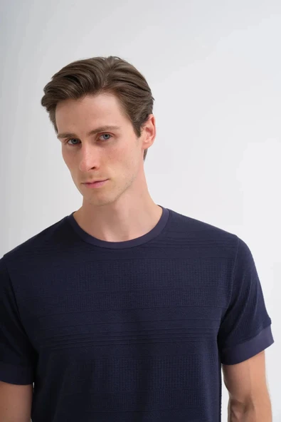 Cazador Bisiklet Yaka Regular Fit Örme Dokulu Tişört Lacivert 4207 ürün görseli 1