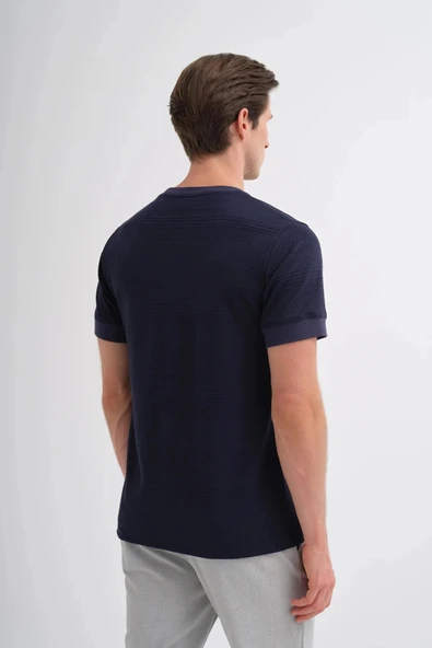 Cazador Bisiklet Yaka Regular Fit Örme Dokulu Tişört Lacivert 4207 - Resim 3